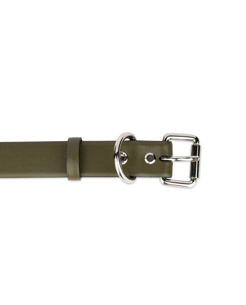 khaki green leather collar for dogs with silver buckle 2