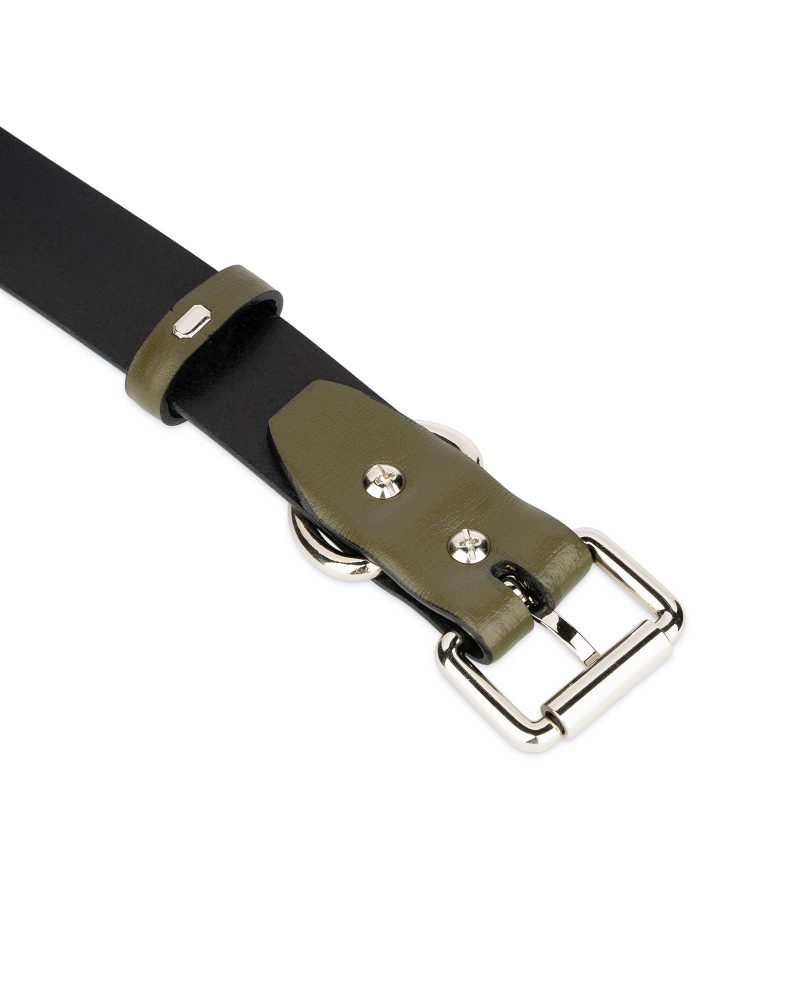 khaki green leather collar for dogs with silver buckle 3