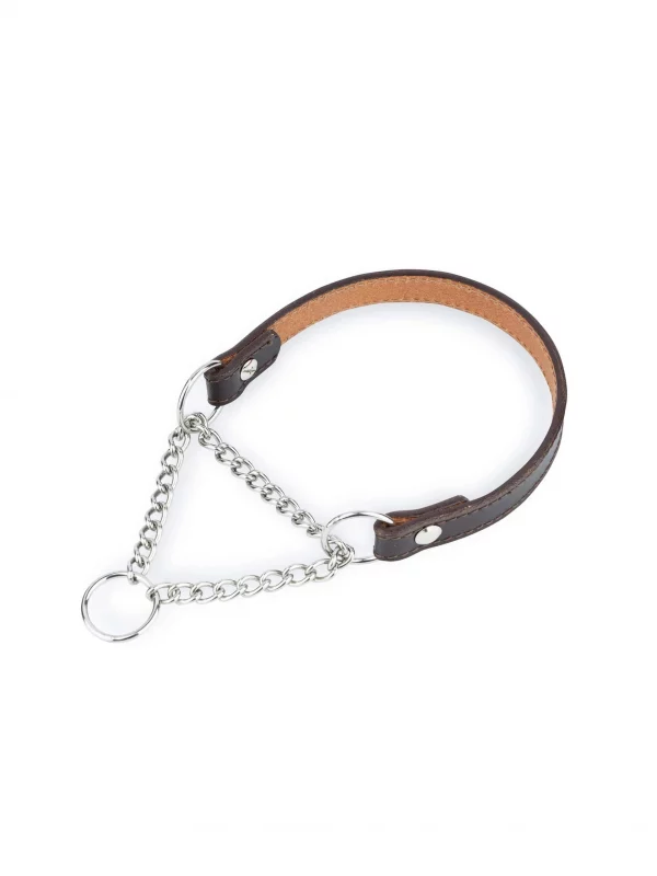 martingale brown leather dog collar silver chain 1