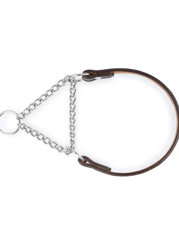 martingale brown leather dog collar silver chain 2