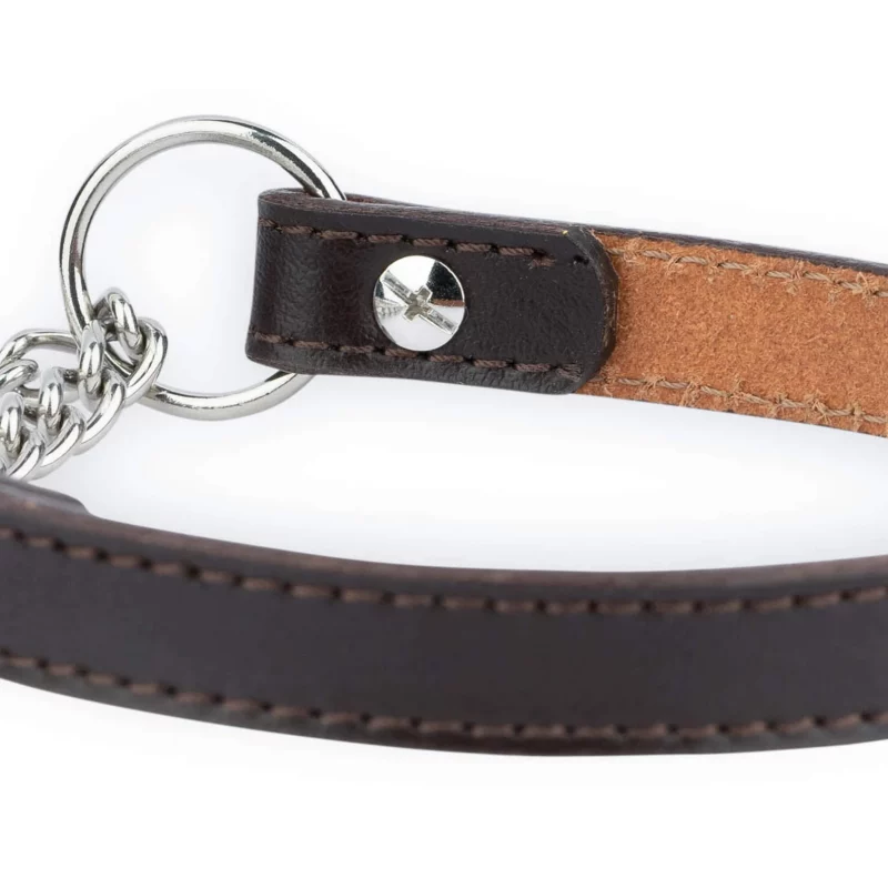 martingale brown leather dog collar silver chain 3