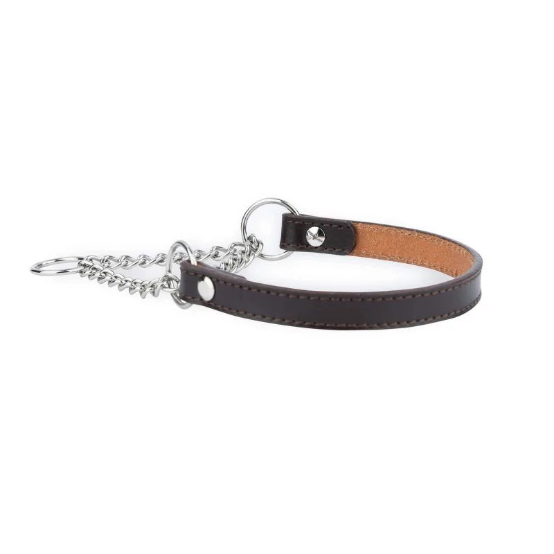 martingale brown leather dog collar silver chain 4
