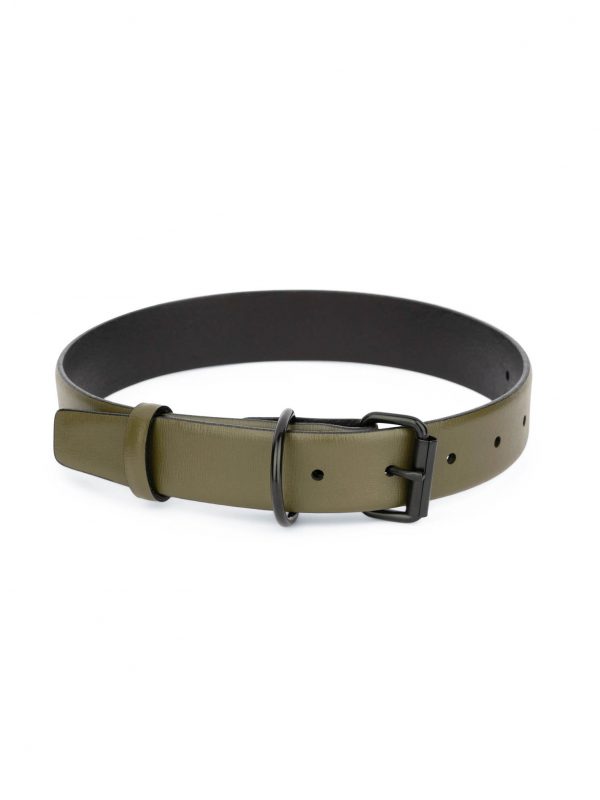 olive green leather collar for dogs with black buckle 1