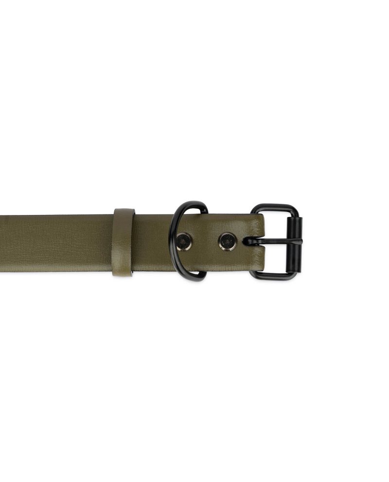 olive green leather collar for dogs with black buckle 2