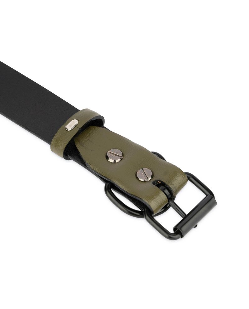 olive green leather collar for dogs with black buckle 3