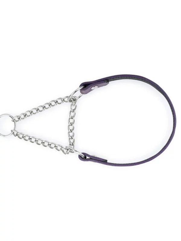 purple leather dog collar with silver martingale chain 2