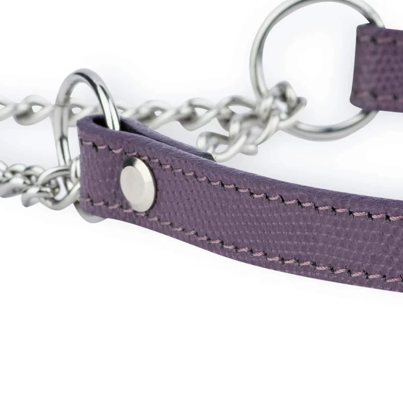 purple leather dog collar with silver martingale chain 3