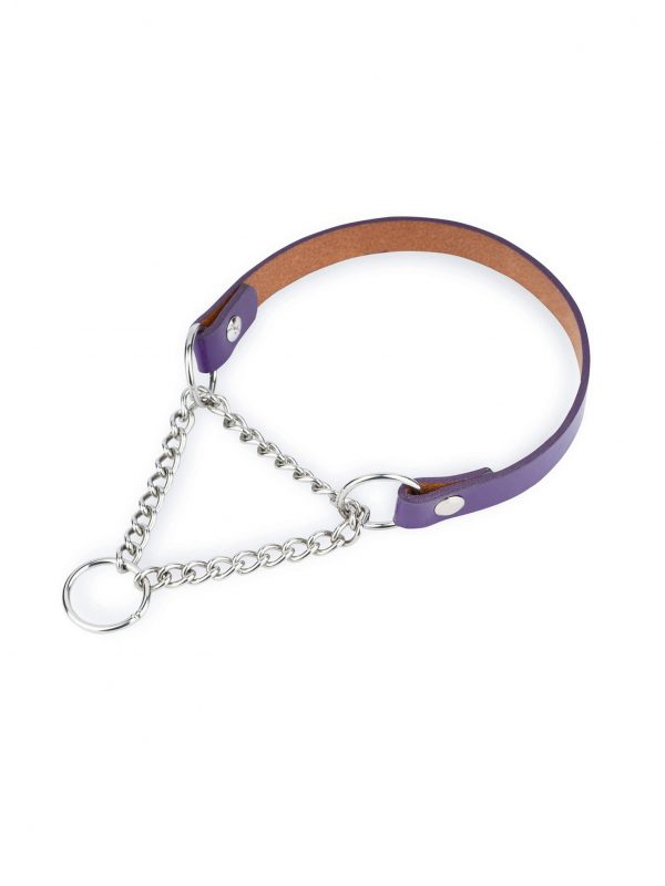violet leather dog collar silver martingale chain 1