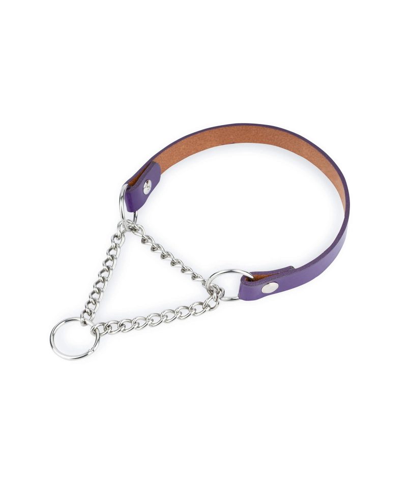 violet leather dog collar silver martingale chain 1